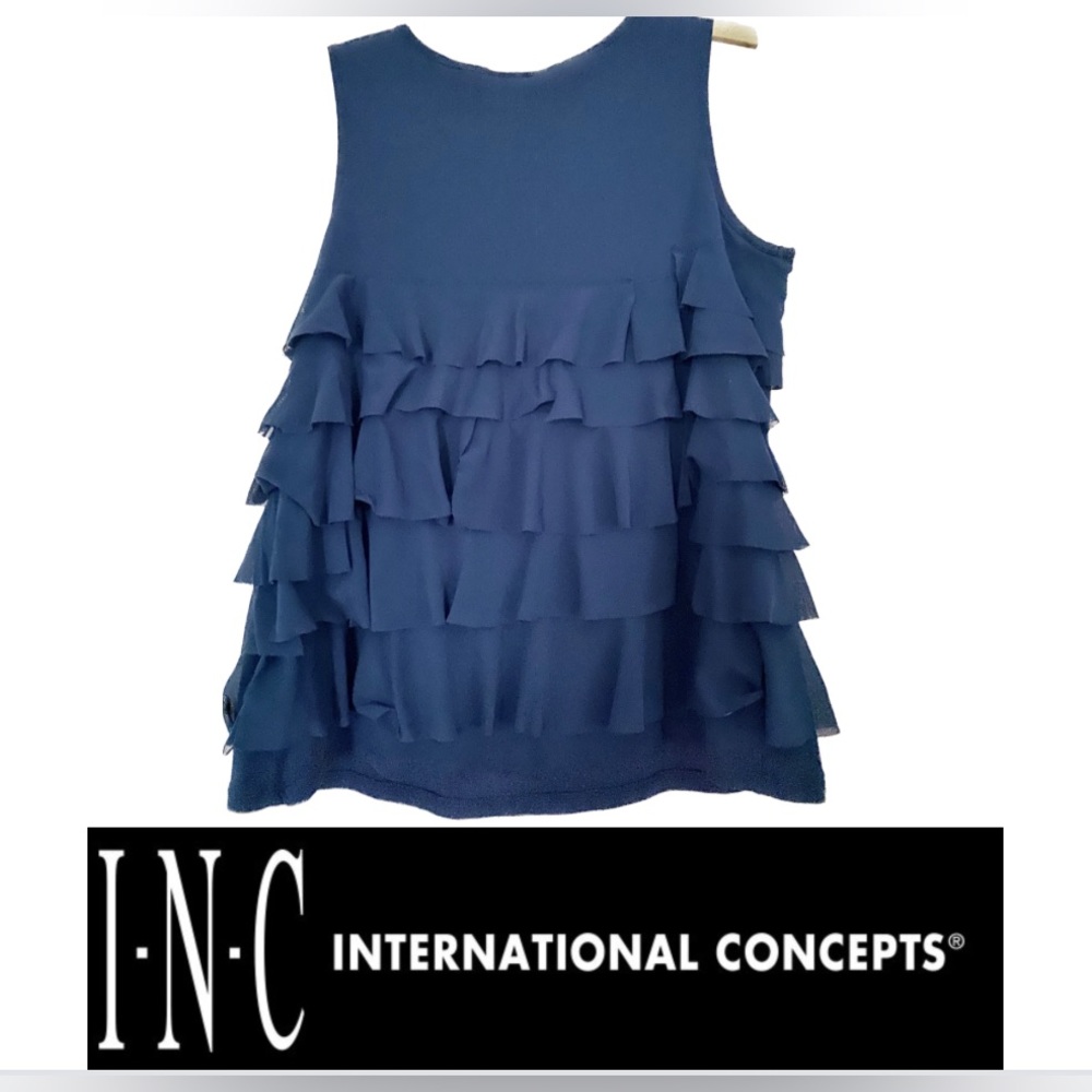 INC International Concepts Navy Ruffled Sleeveless Shirt-Size 2X
